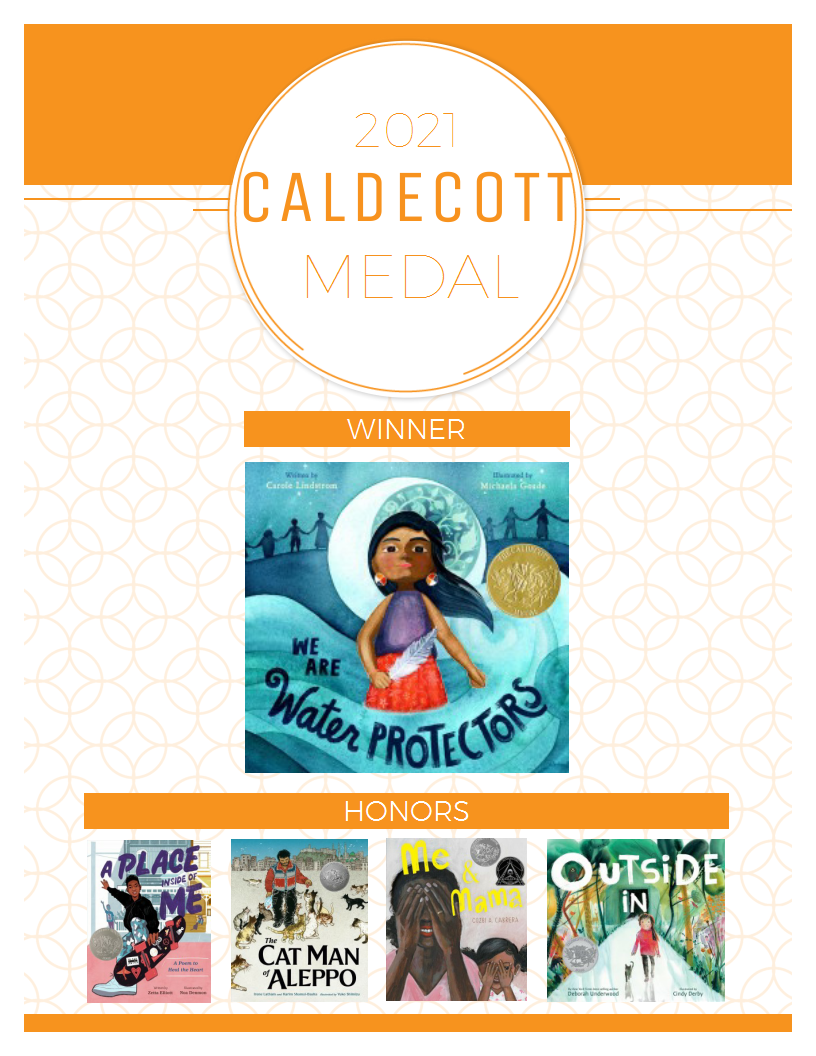 Image of book cover of the 2021 Caldecott Winner and the 4 covers of Caldecott Honors 
