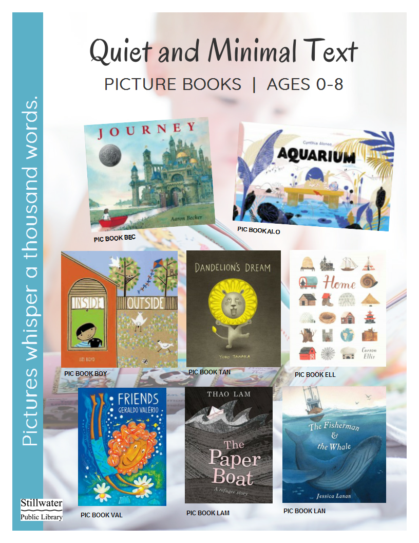 Image of 8 book covers of quite and minimal text picture books for children 0-8