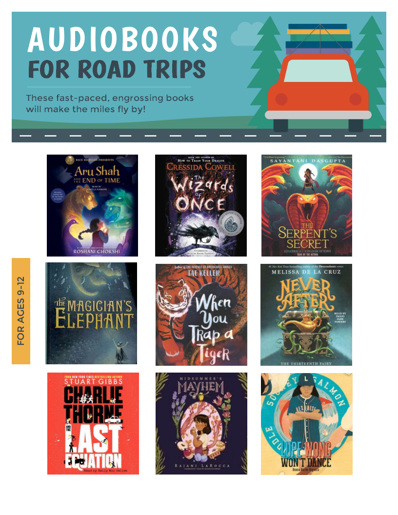image of 12 book covers featuring recommended titles to listen to for road trips for kids 9-12