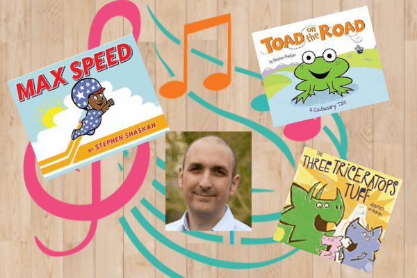 Books "Max Speed", "Toad on the Road" and "The Three Triceratops Tuff" and photo of author Stephen Shaskan