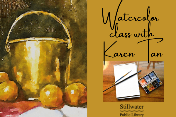 Watercolor painting of gold bucket with oranges by artist Karen Tan