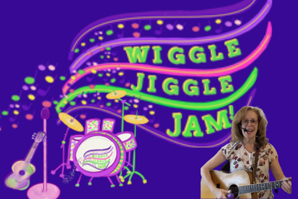 Children's performer Wendy Baldinger with text of "Wiggle Jiggle Jam"