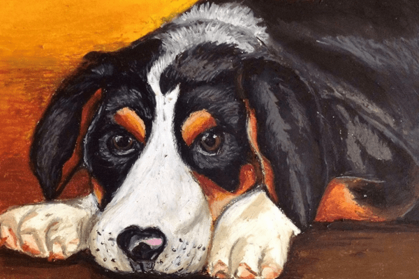 Painting of a puppy in oil pastels by Artist Karen Tan