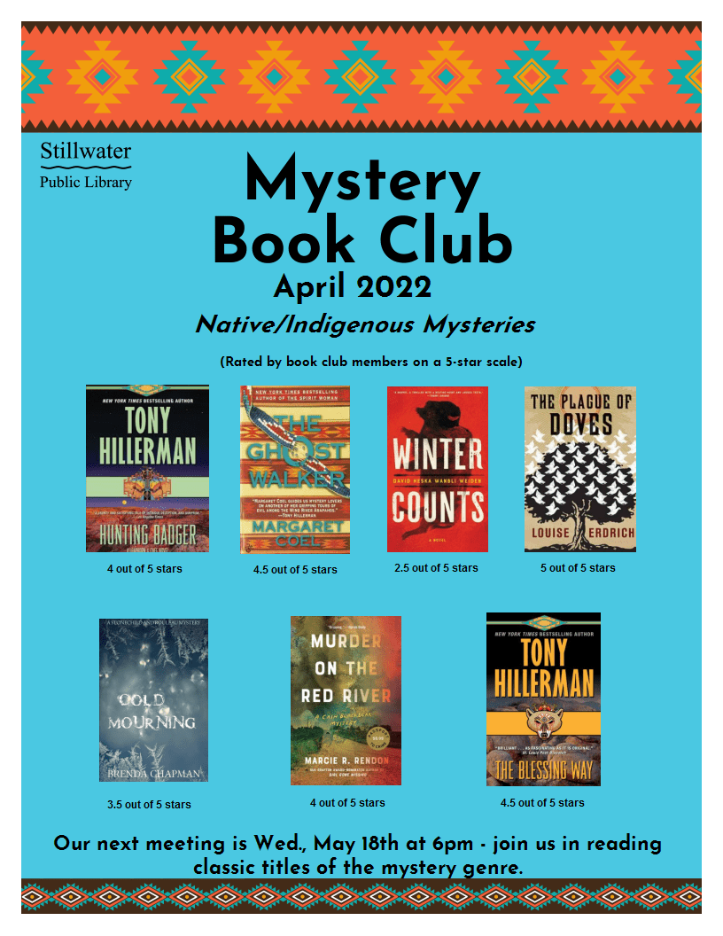 Covers of books read by Mystery Book Club members in April 2022