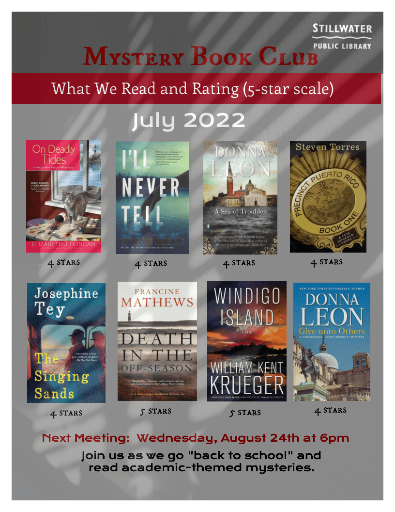 Covers of books read by Mystery Book Club members in July 2022