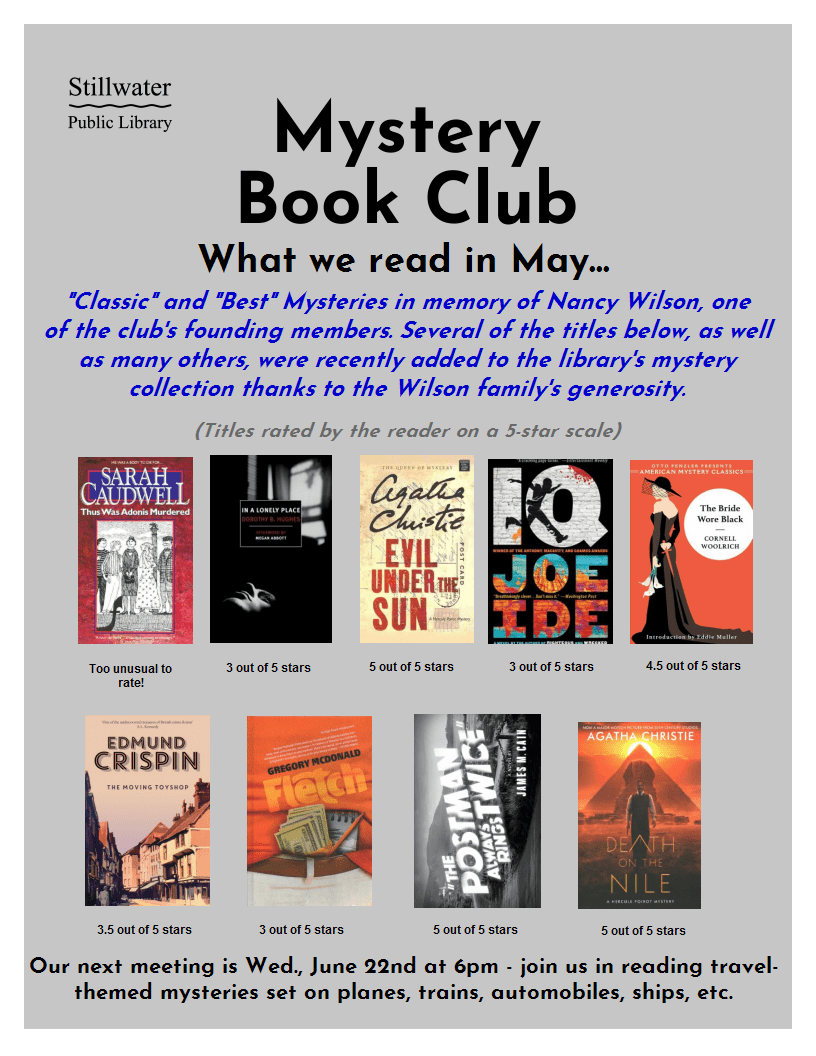 Covers of books read by Mystery Book Club members in May 2022
